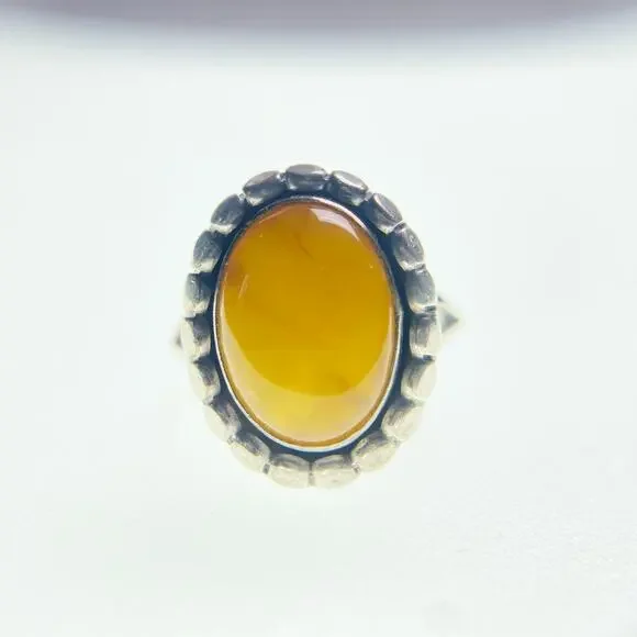 925 Sterling Silver Orange Amber Cabochon Ring Bezel Set Size 7 Boho